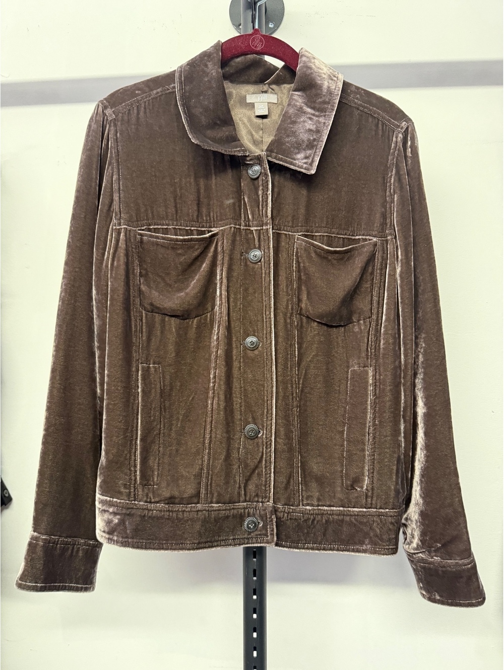 J. Jill Crushed Silk Velvet Trucker Jacket in Espresso Brown - Size MP